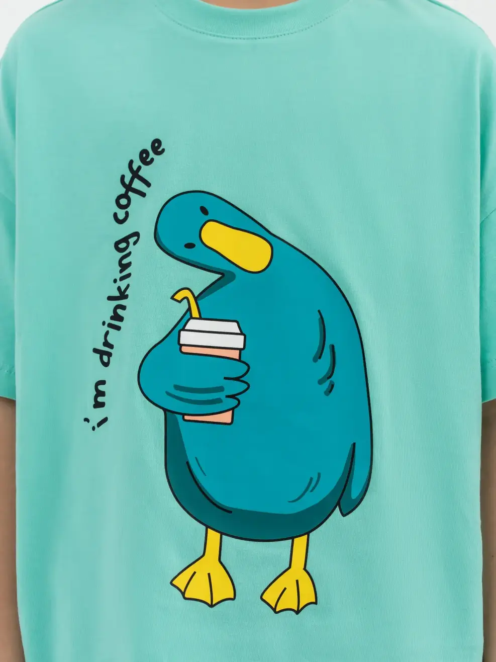 T-shirt Kid Lớn In Vịt Uống Coffee - Xanh ngọc - 14