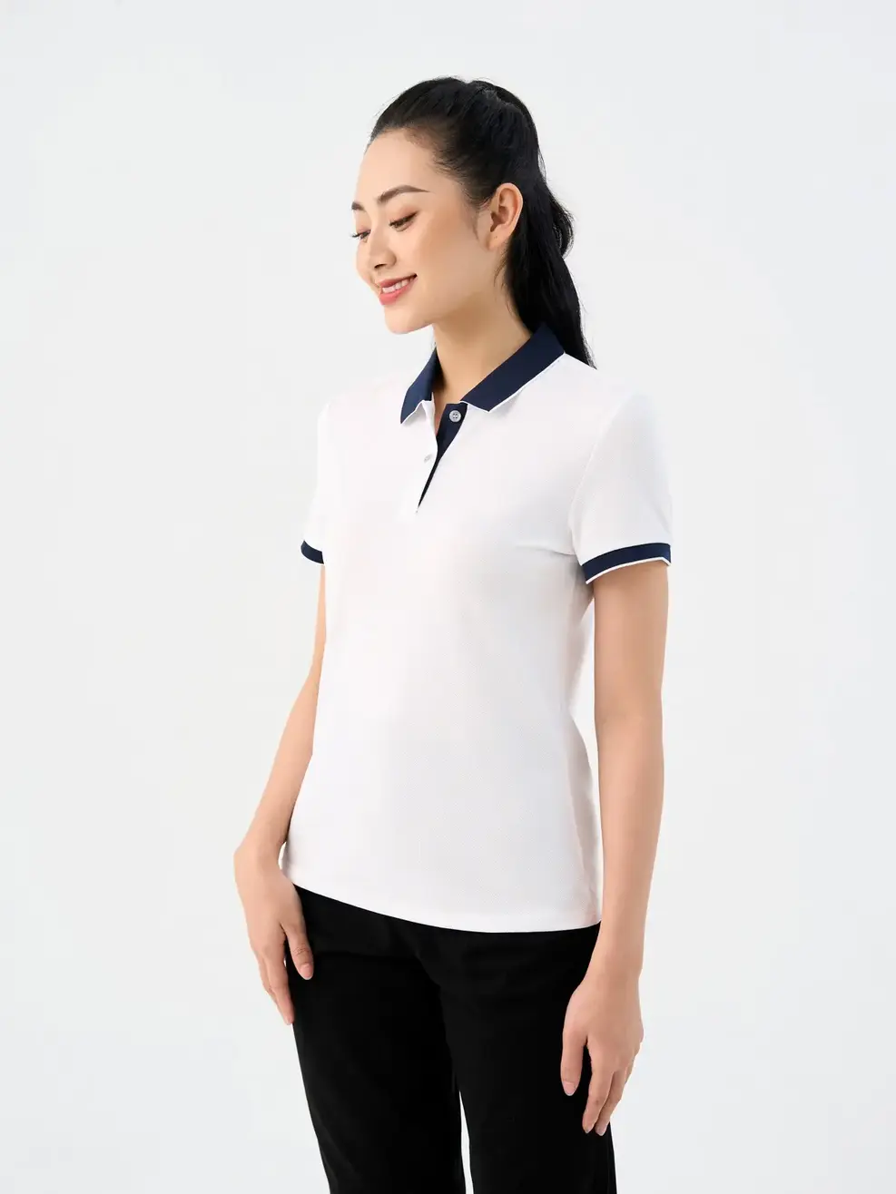 Polo nữ café phối nẹp - Trắng navy - S