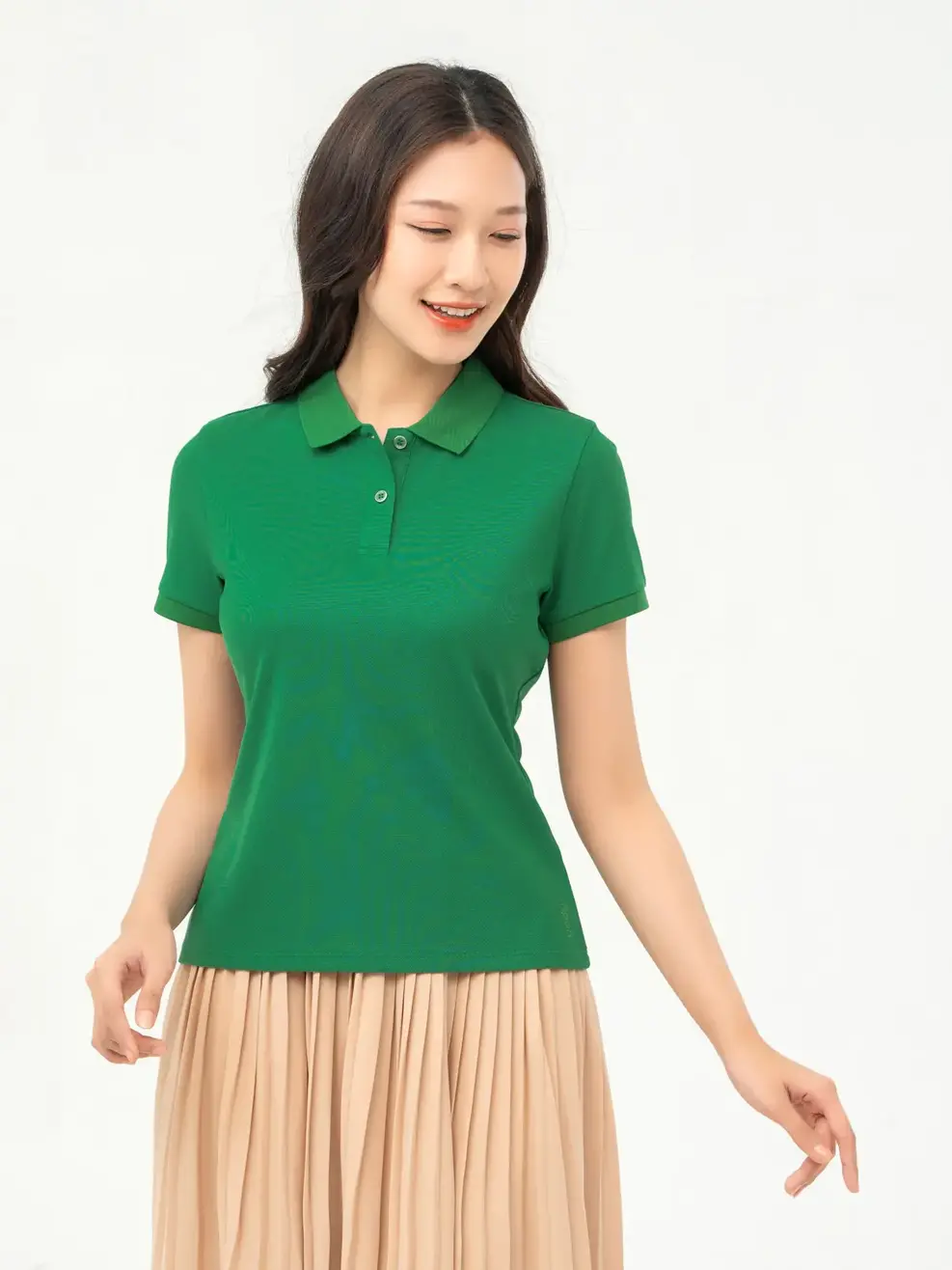 Polo Nữ Cafe Dệt Tổ Ong Basic - Xanh Lá - S