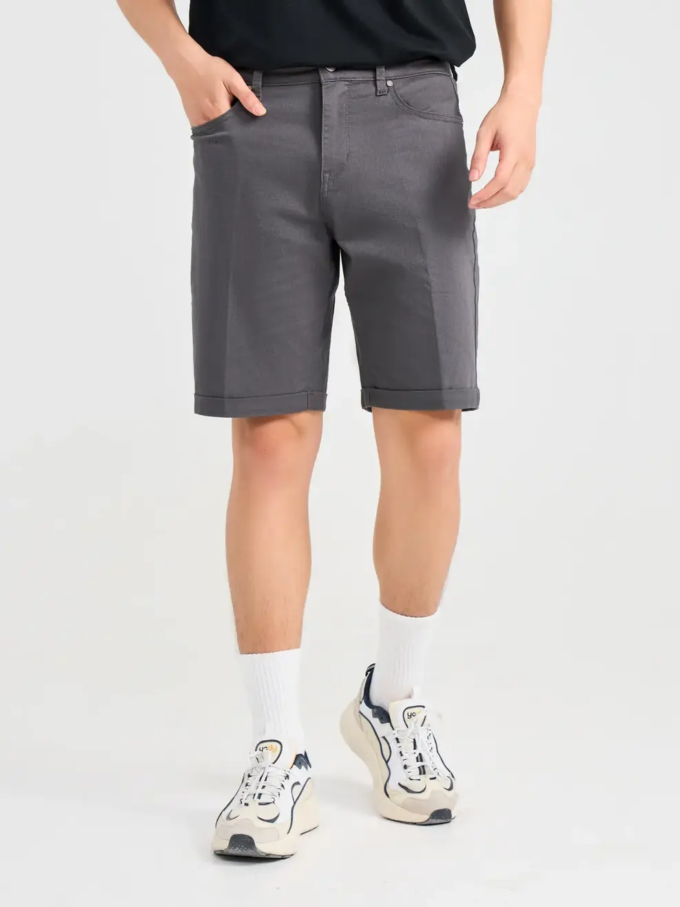 Quần Short Jeans Nam Denim Like Gập Gấu - Ghi Đậm - 28