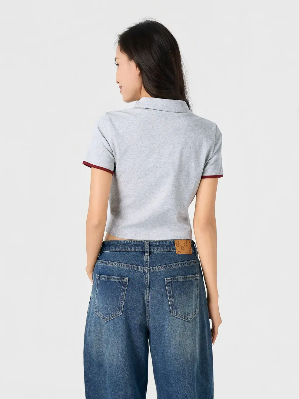 Áo Polo Nữ Crop Top Thêu Cherry - Phối Màu Xám 157 - S