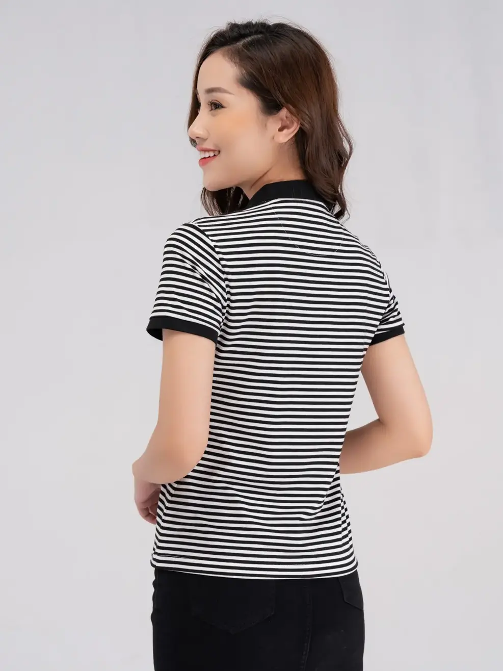 Polo kẻ nữ melange - Đen trắng - L