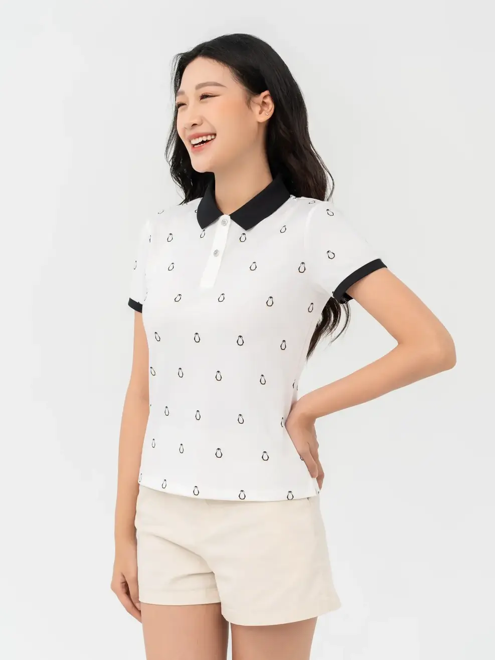 Áo Polo Nữ Mắt Chim In Chim Cánh Cụt - Trắng - S