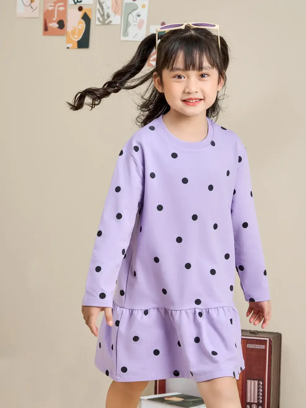 Đầm bé gái gấu nhún chấm bi - Tím - 2