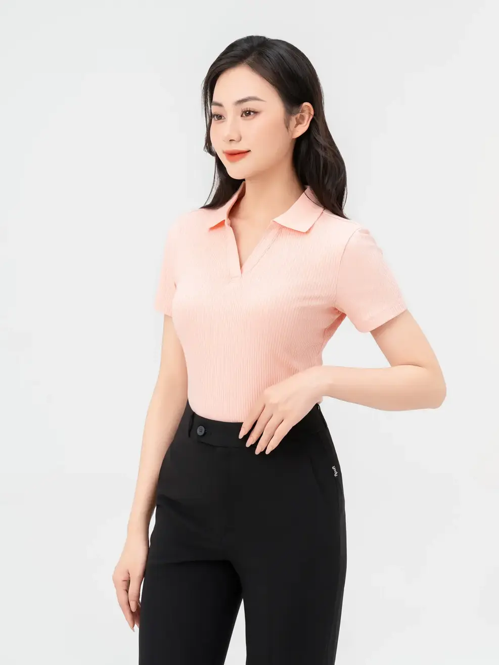 Áo Polo Nữ Thun Tăm Cổ V - Hồng - S