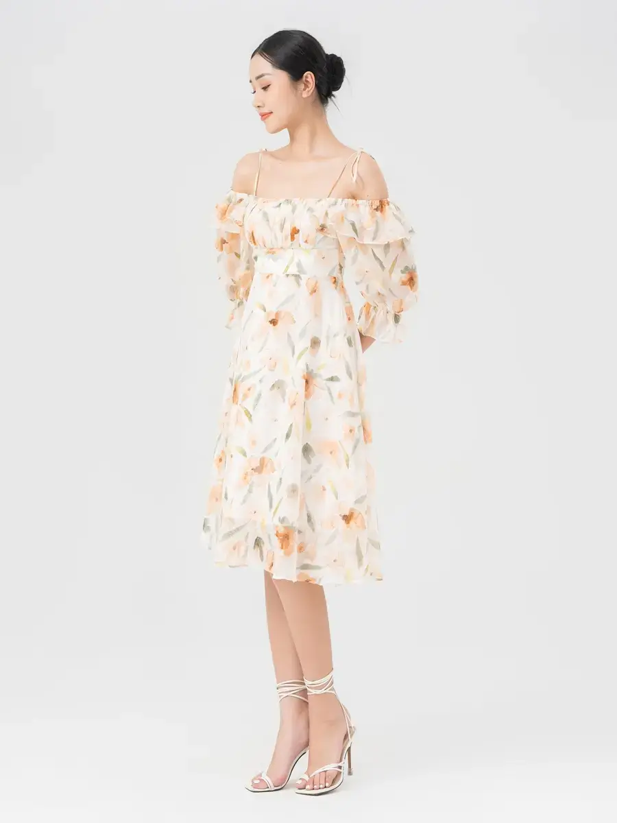 Váy Nữ Hoa Xoè Trễ Vai - Cam - S