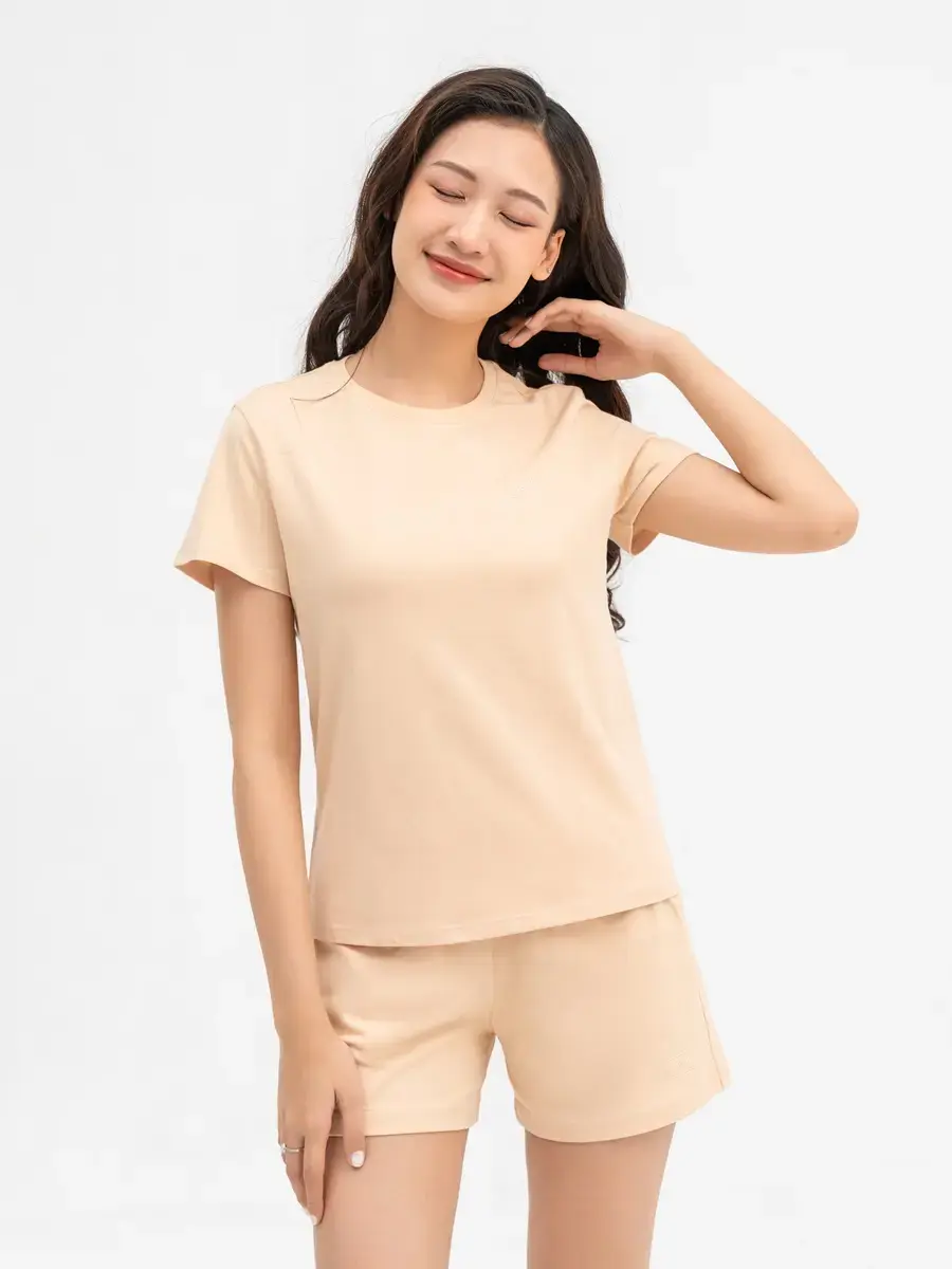 Đồ Bộ Nữ Quần Sooc Thêu Logo Cotton Usa - Be - S