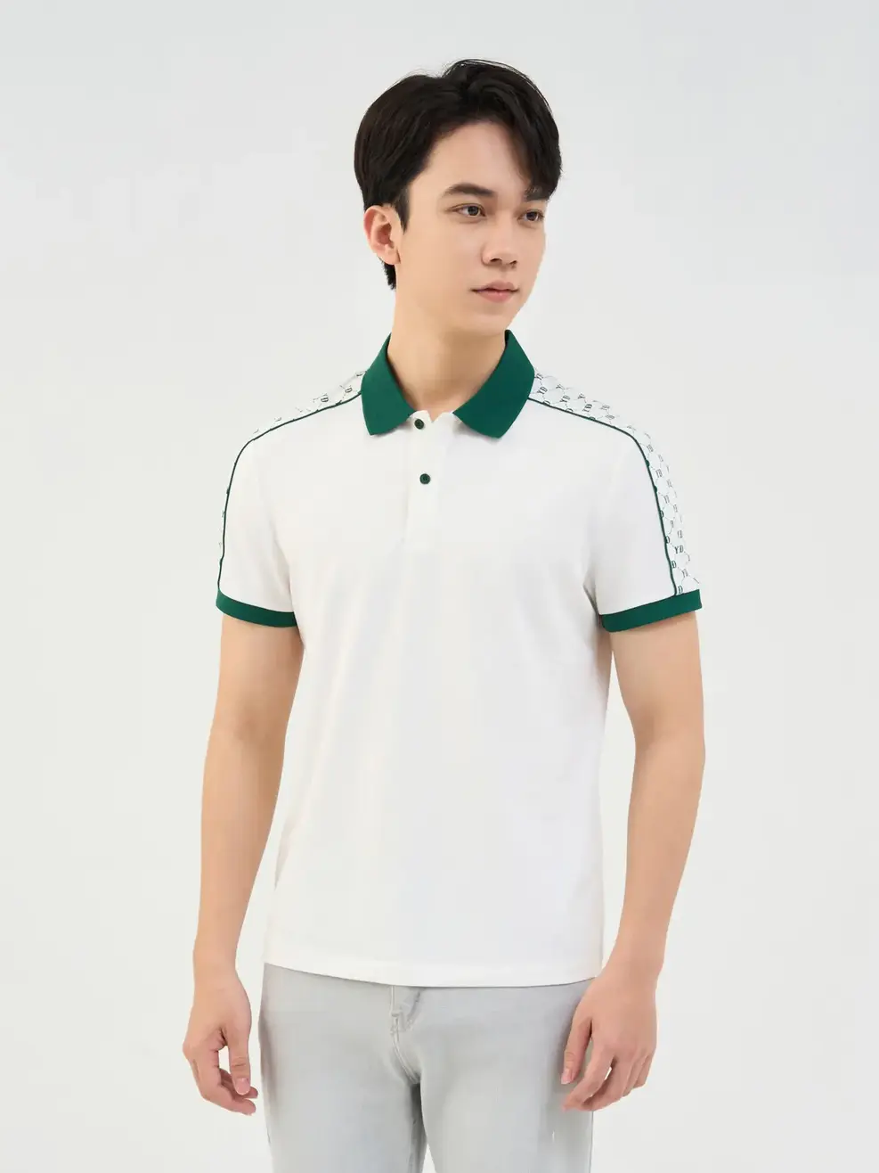 Áo Polo Nam Mắt Chim Phối Vai Hoạ Tiết Monogram - Trắng - L