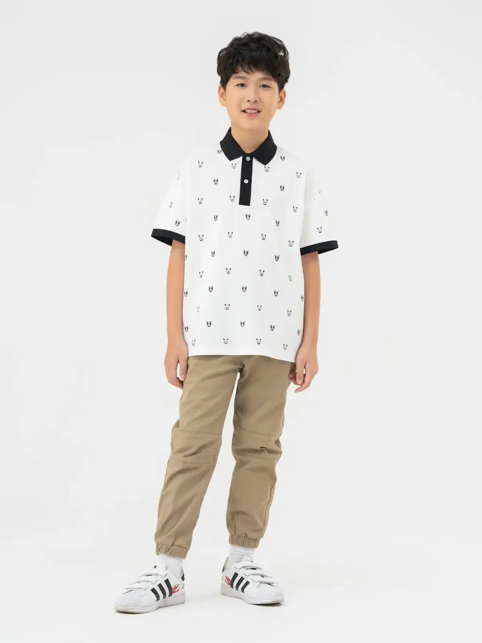 Áo Polo Trẻ Em Mắt Chim In Cún - Trắng phối đen - 8