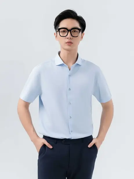 Sơ mi nam cộc tay polyester solid nano phối cổ