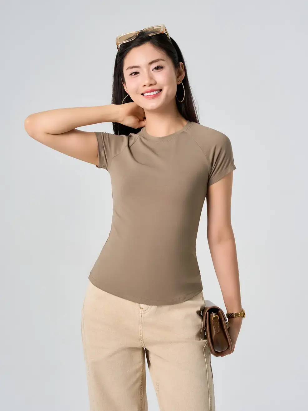 Áo Phông Nữ Tay Raglange Diễu Chỉ - Nâu 077 - S