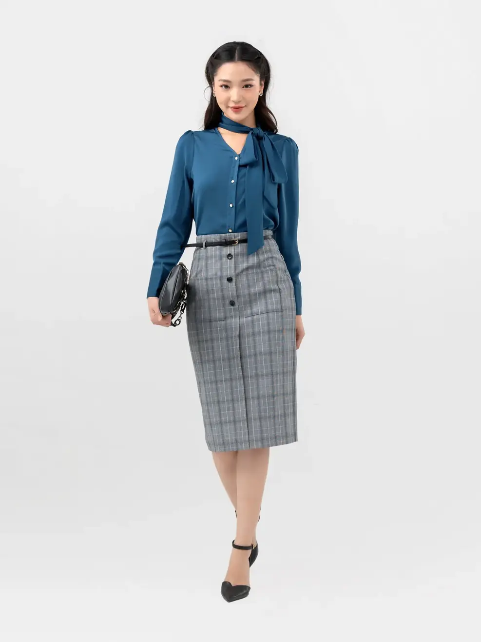 Sơ Mi Dài Tay Nữ Thắt Nơ Lệch - Xanh cổ vịt - S