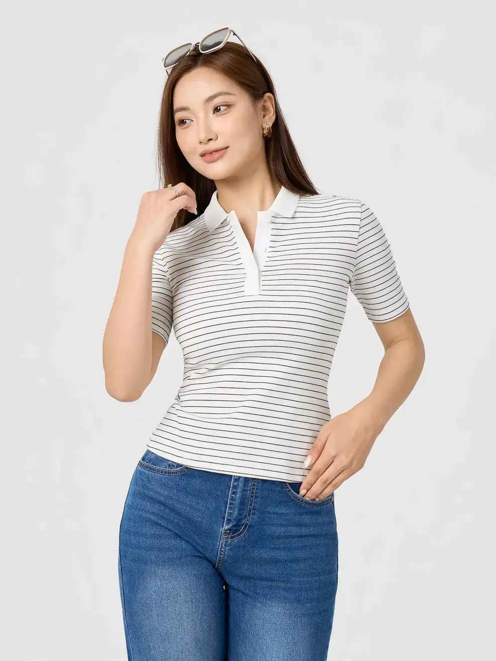 Áo Polo Nữ Kẻ Phối Bo Cổ - TRẮNG KẺ 1 - XS