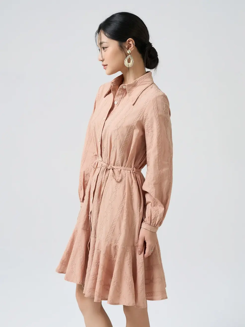 Váy Liền Cổ Đức Đai Eo Xòe Tầng - Hồng 003 - M