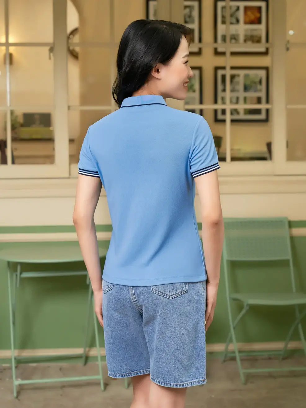 Áo Polo Nữ Airy Cafe bo 3 màu - Xanh Biển - S