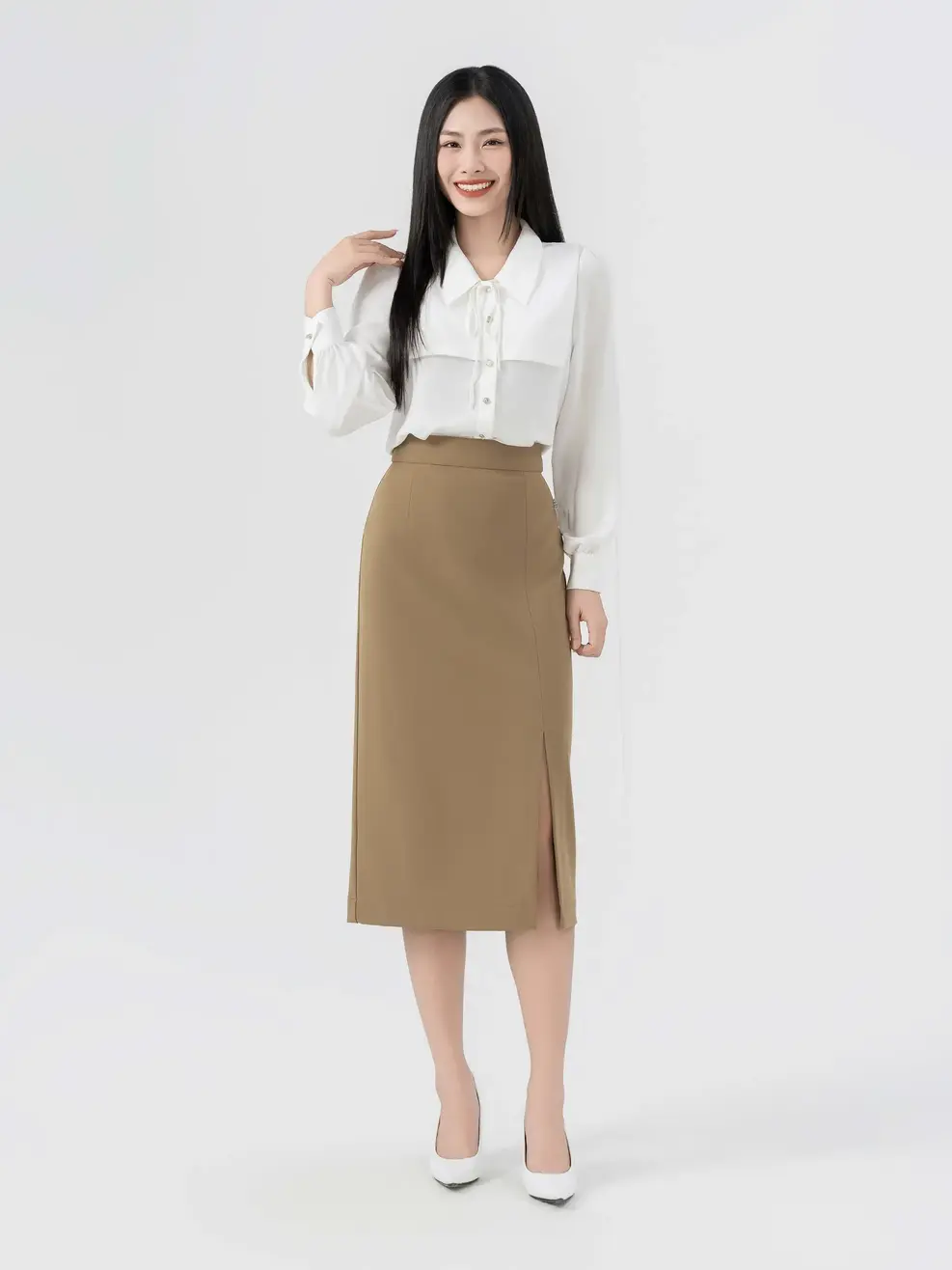 Chân Váy Nữ Cơ Bản Ôm Xẻ Đùi - Kaki - S