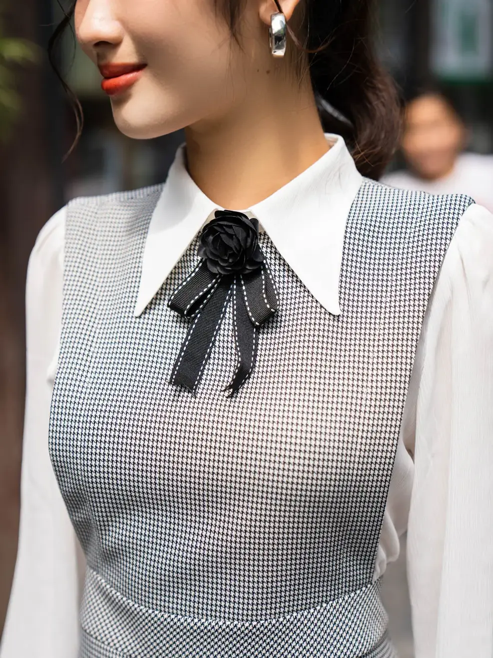 Đầm Đông Nữ Kẻ Tay Phối - Kẻ đen trắng - S