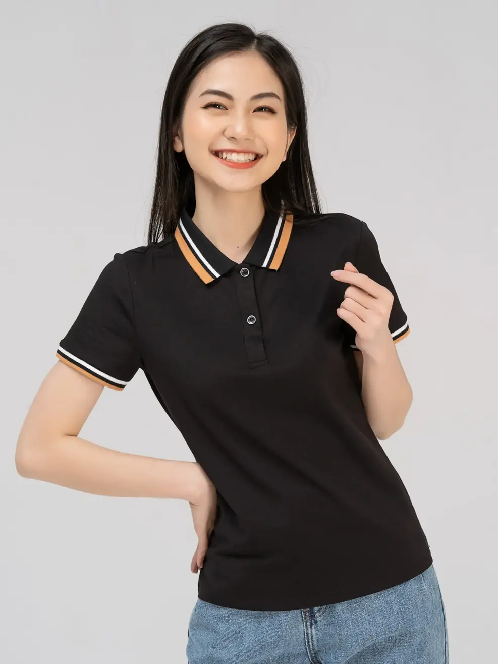 Polo nữ mắt chim phối bo 02 - Đen - L