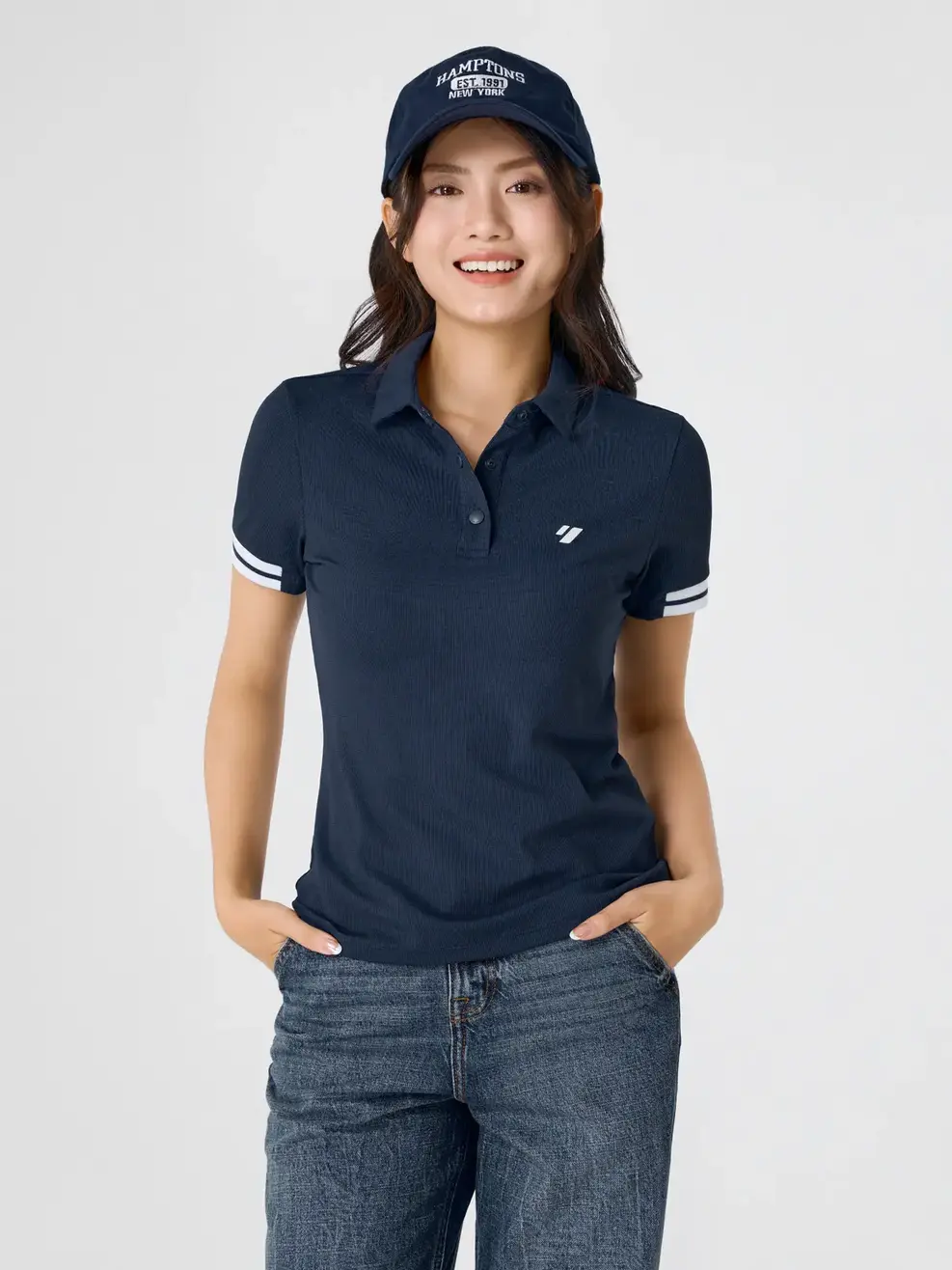 Áo Polo Nữ Thể Thao Phối Bo Tay - Navy 005 - S