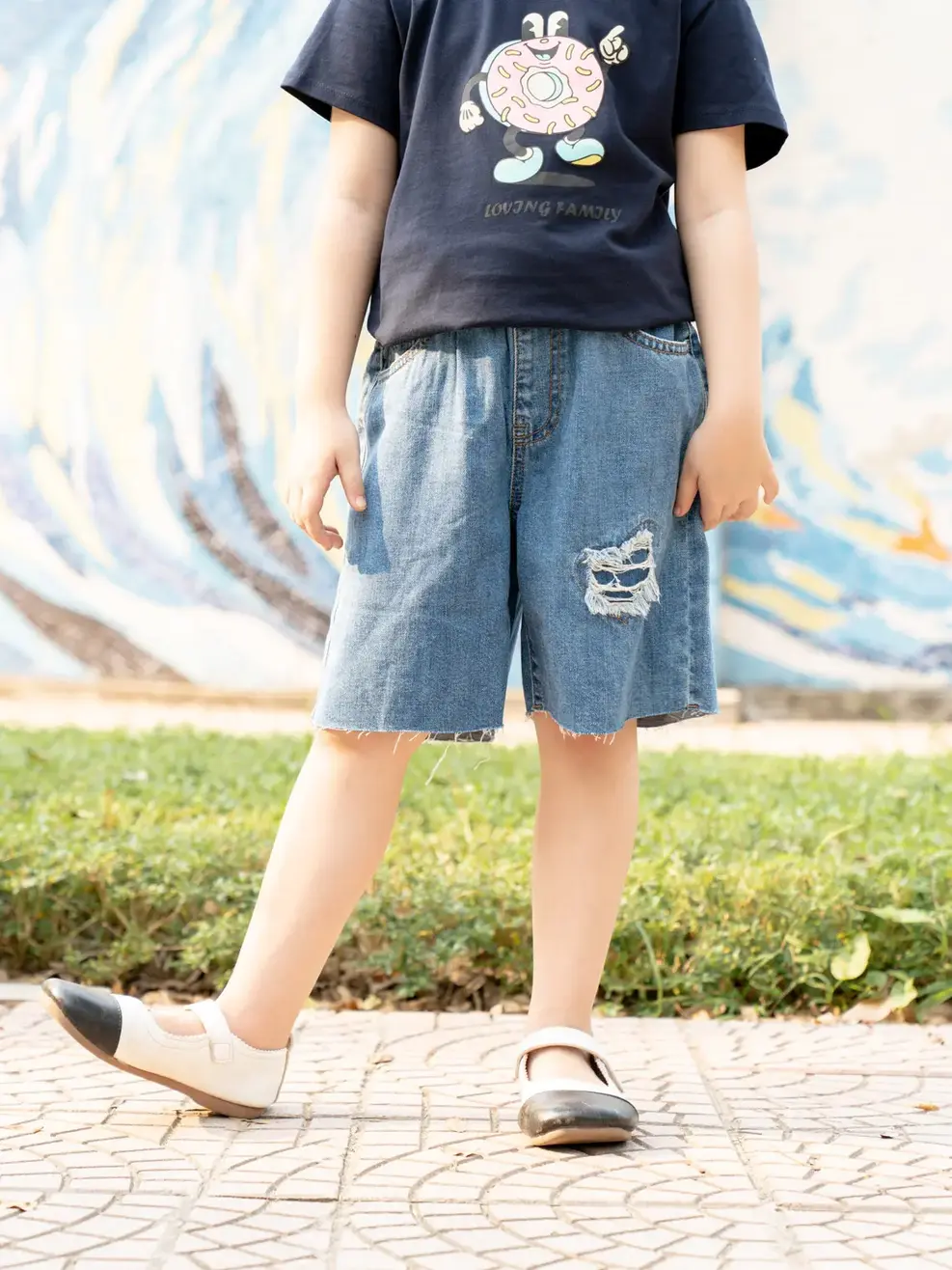 Sooc jeans kid lửng cào rách - Xanh - 10-11