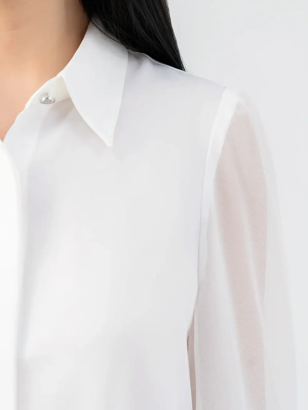 Áo Sơ Mi Tay Dài Nữ Cổ Đức Tay Phối Voan - Trắng - M