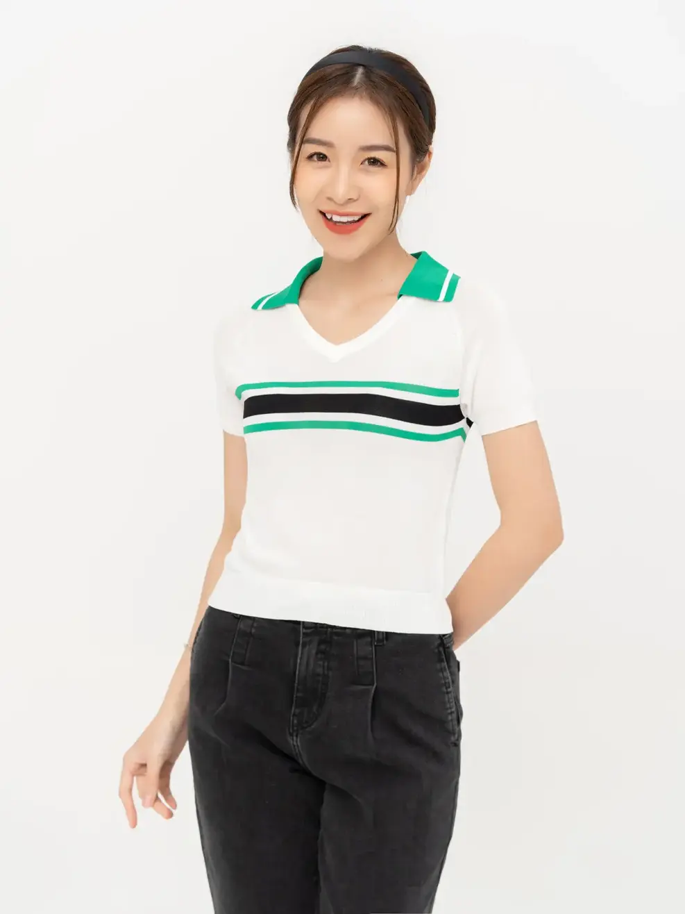 Áo Polo Dệt Phối Kẻ - Trắng - S