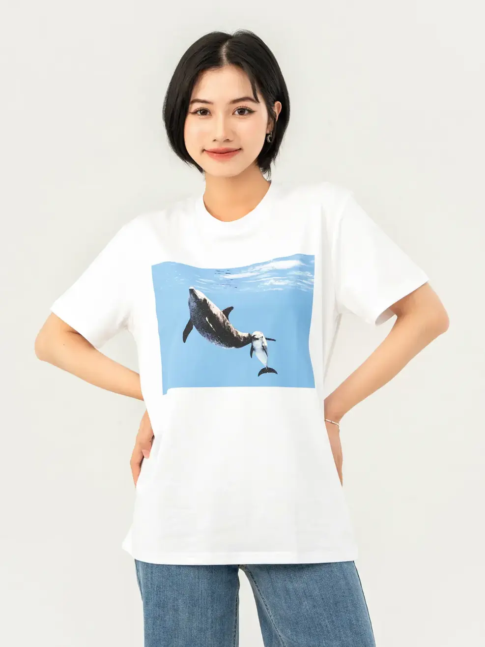 T-shirt Nữ Dáng Rộng In Cá Heo Bột Ngô - Trắng 1 - S