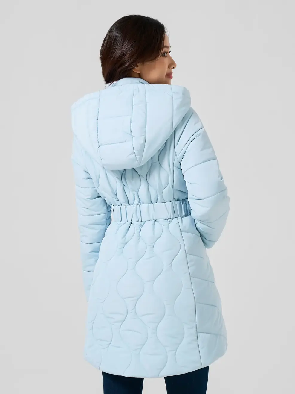 Áo Phao Nữ Dáng Dài Lỡ Trần Sóng Mũ Rời - Xanh lơ - M