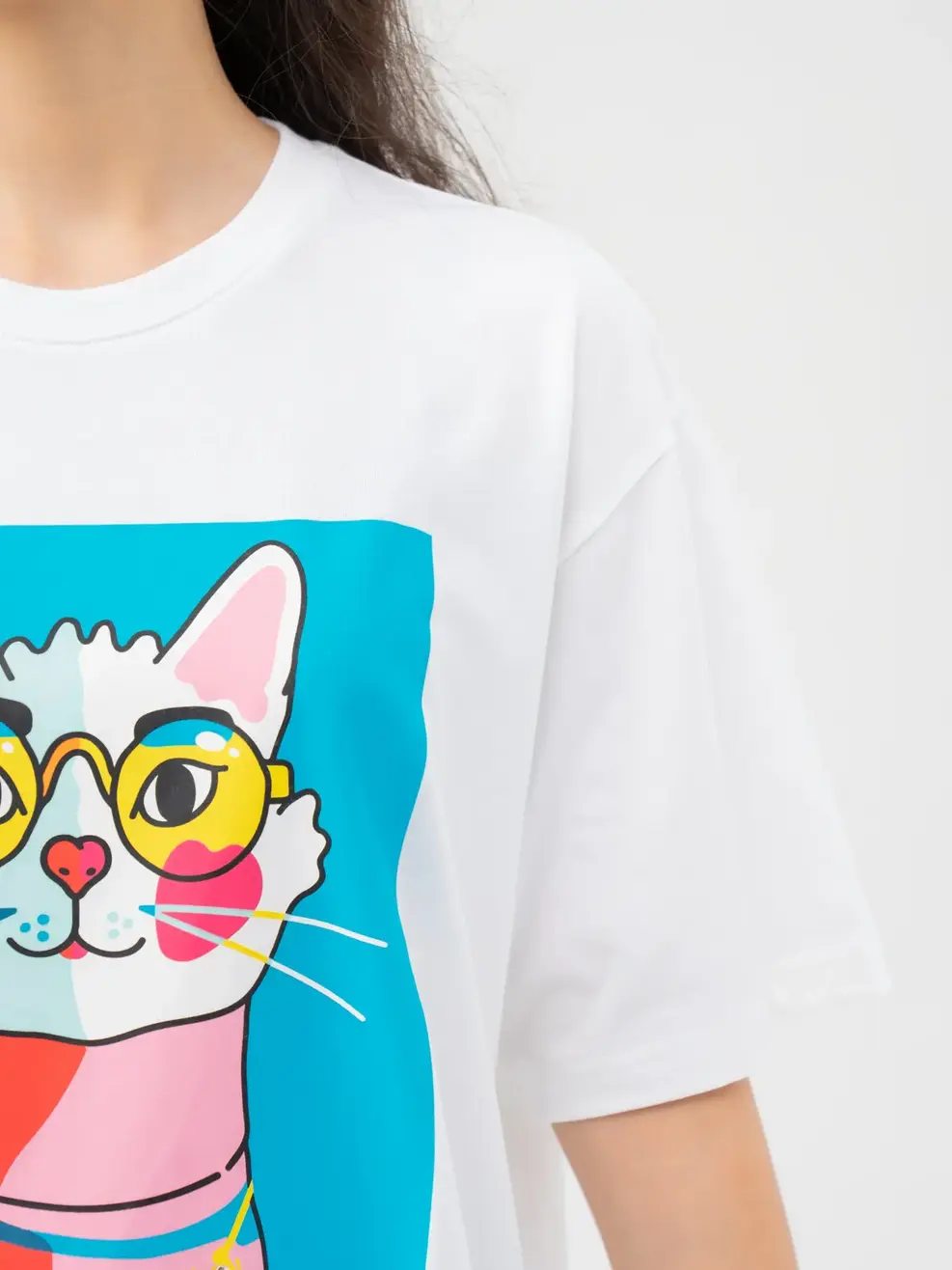 T-shirt Nữ In Cat Đeo Kinh Cotton Usa - Trắng 1 - F