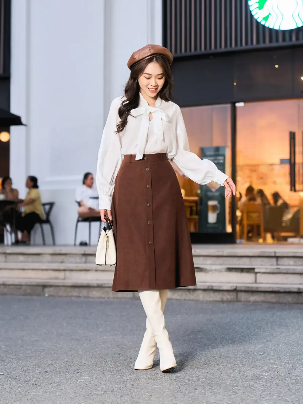 Chân váy dáng A dài nẹp cúc - Nâu đất - M