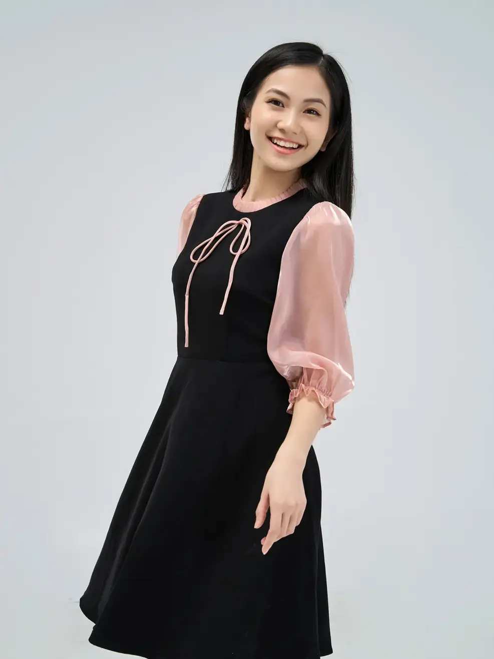 Đầm xòe phối tay - Cam - S