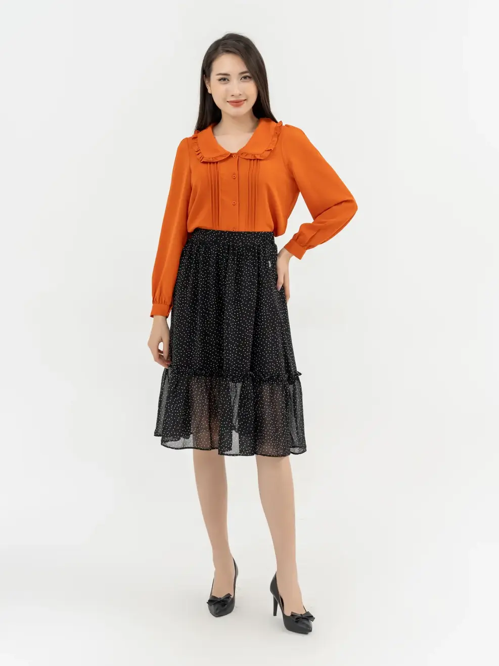 Áo Sơ Mi Tay Dài Nữ Cổ Bèo Dáng Suông  - Cam - S