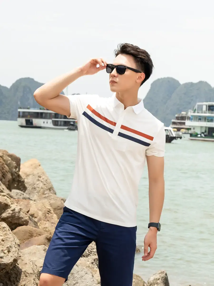 Áo polo nam mắt chim in vạch ngực phối màu - Trắng - M