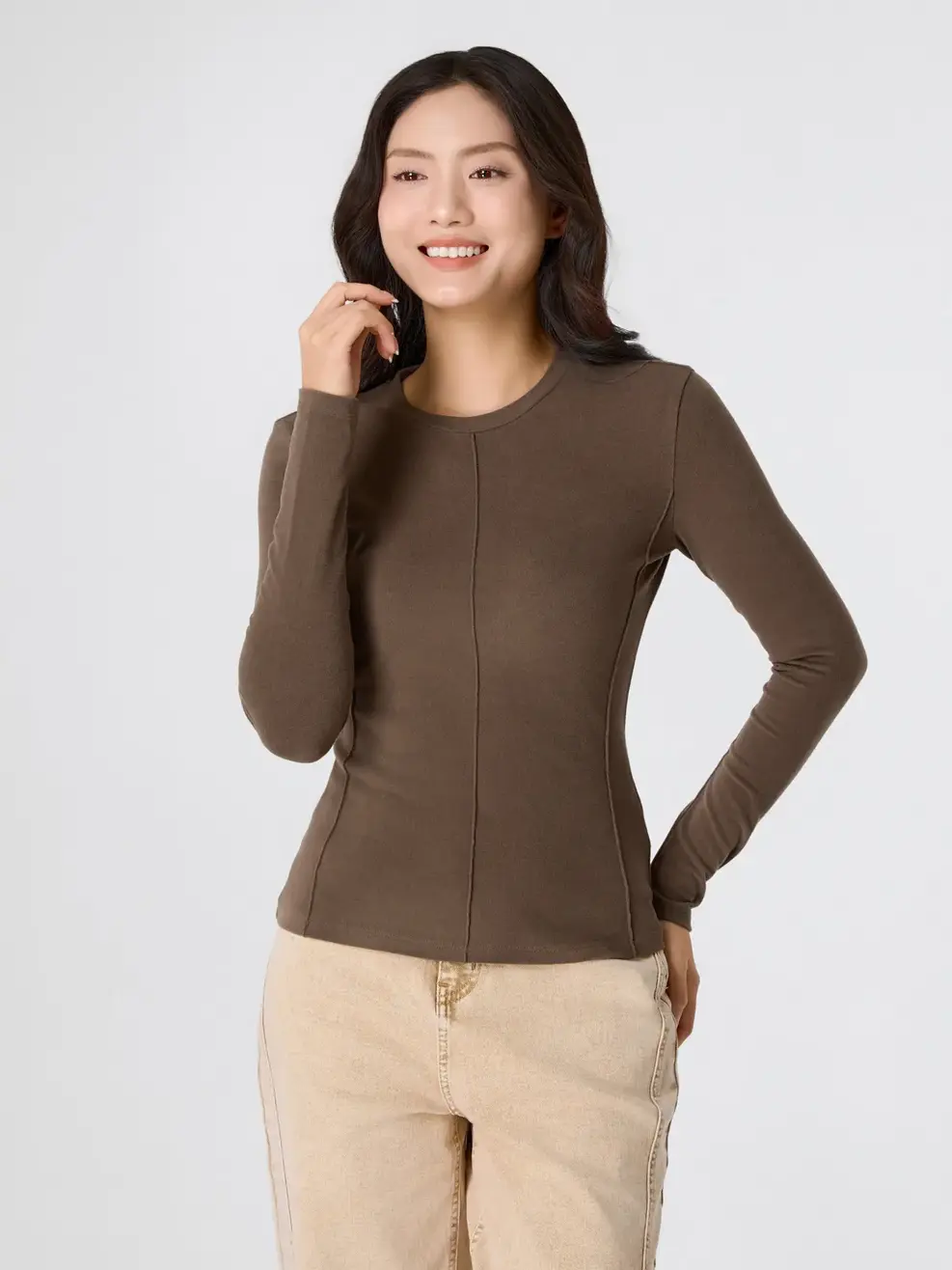 Áo Phông Dài Tay Dáng Ôm Cổ Tròn - Nâu 123 - S