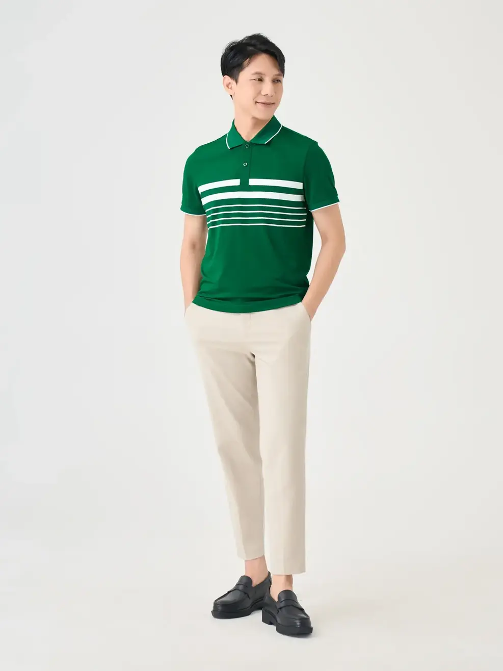 Áo Polo Nam In Kẻ - Xanh rêu - M