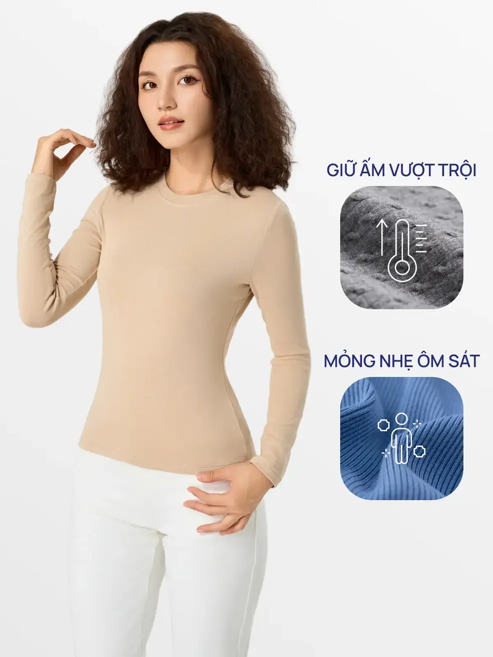 Áo Thu Đông Nữ Giữ Nhiệt Cổ Tròn - Be - S