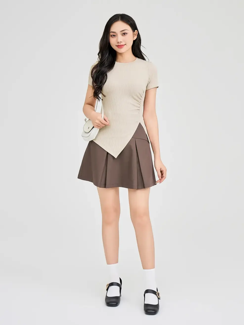 Áo Phông Nữ Nhún Sườn - Be - S