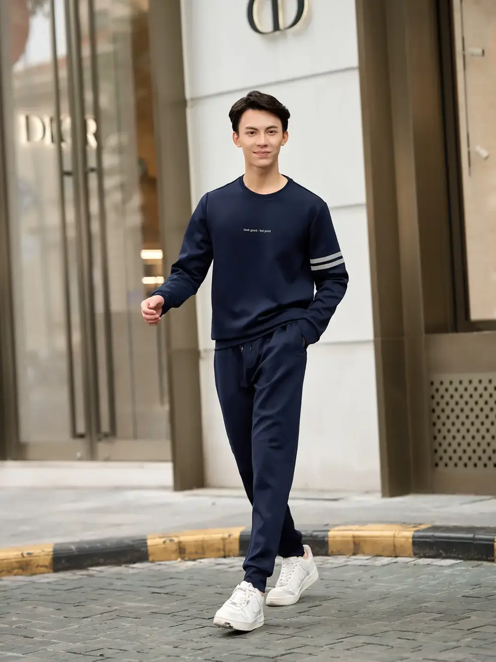 Bộ đông nam in vạch kẻ - Xanh navy - XL
