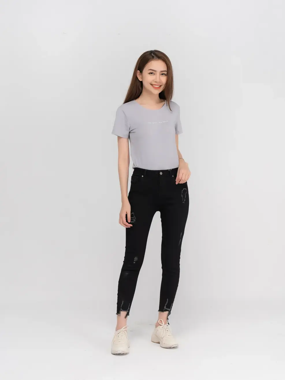 Áo phông nữ cổ tròn cotton - Xám - M