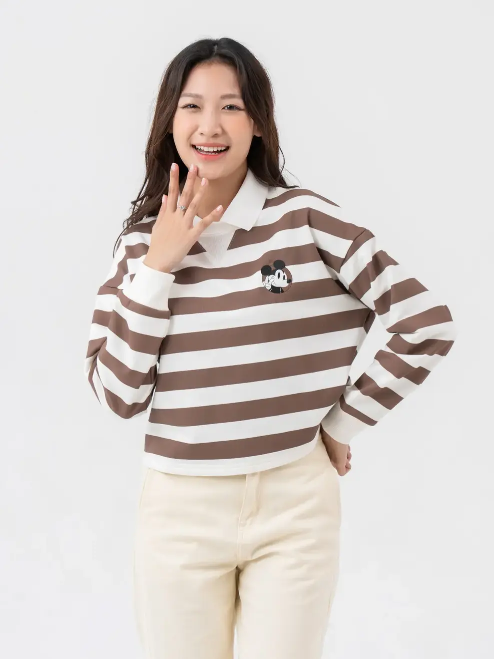 Áo Thu Đông Nữ Mickey Phối Kẻ - Kẻ trắng nâu - S