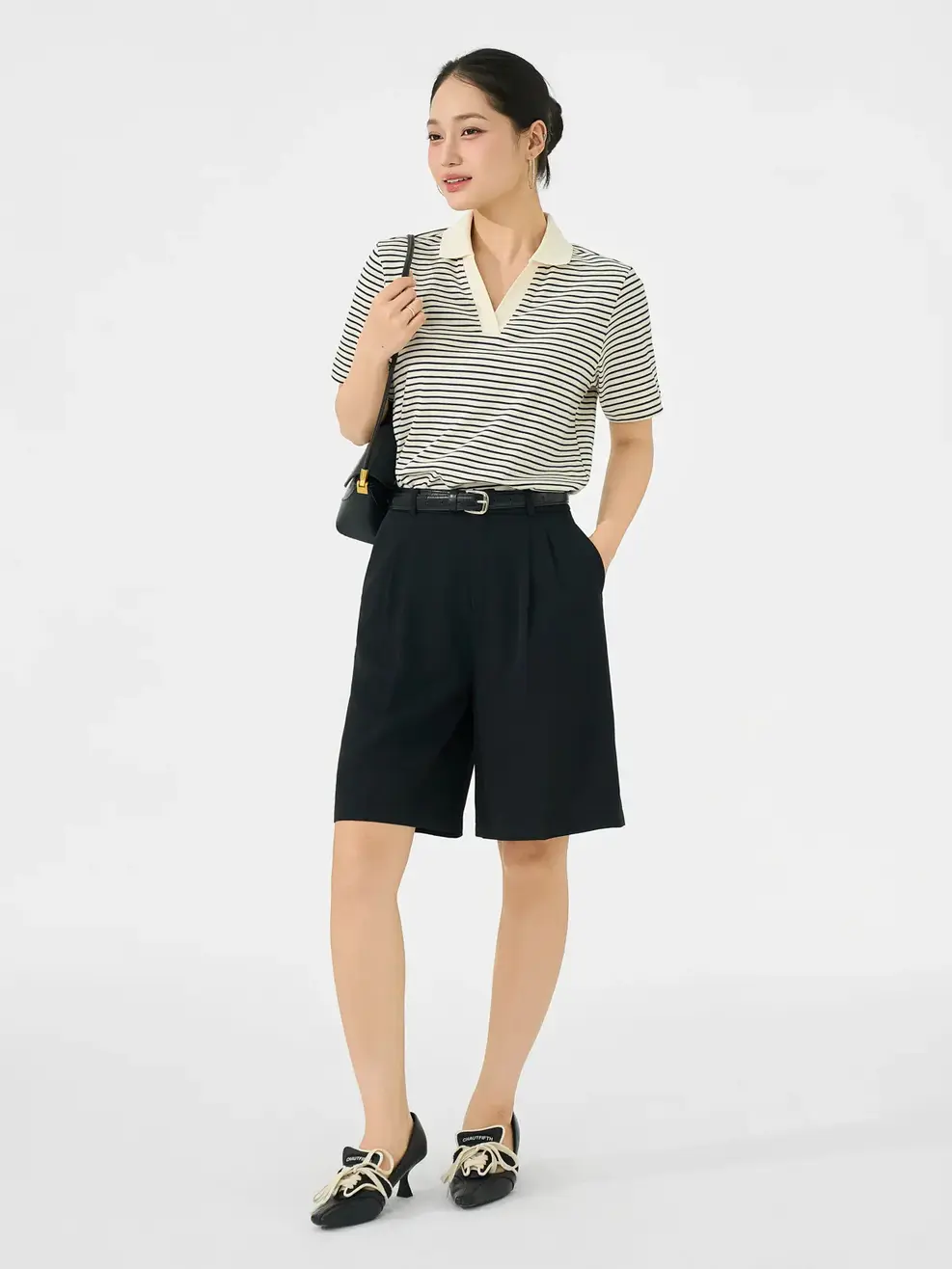 Áo Polo Kẻ Dáng Suông Cổ V - BE KẺ NAVY - S