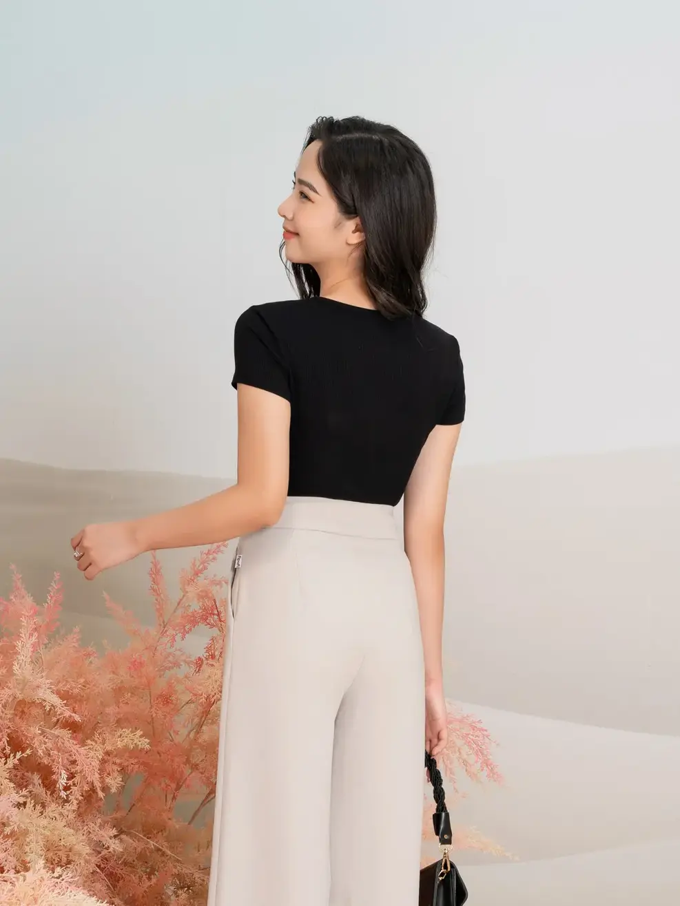 Áo thun rib cổ viền - Đen - L