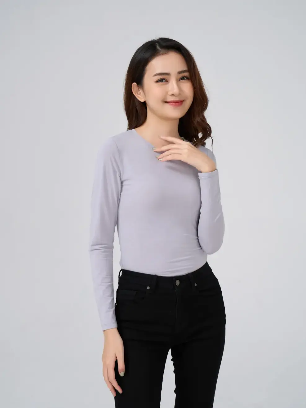 Áo giữ nhiệt nữ cổ tròn - Ghi - XL