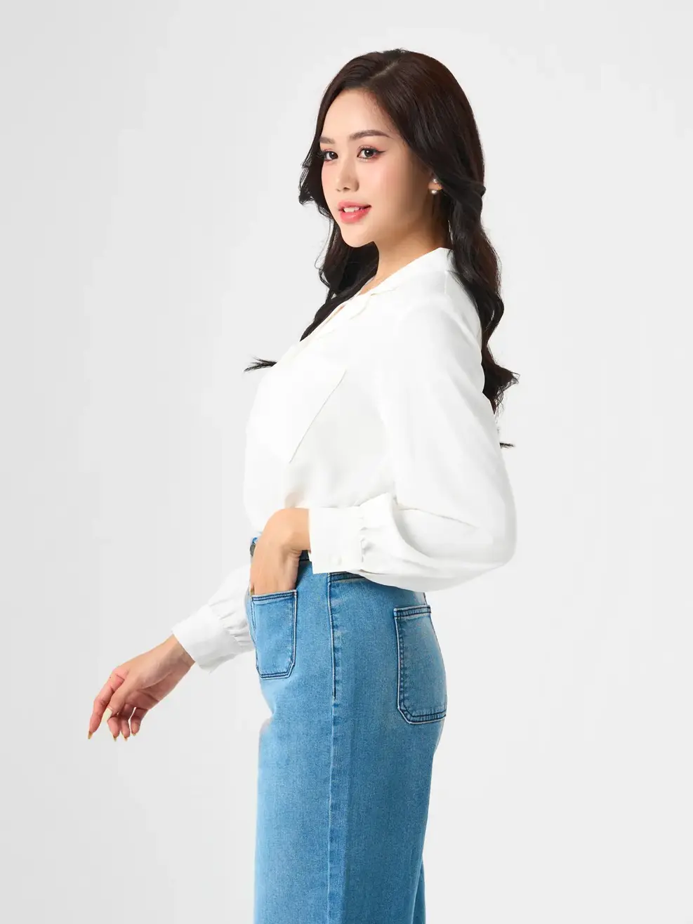 Sơ Mi Dài Tay Nữ Túi Ốp Cổ Ve - Trắng - S