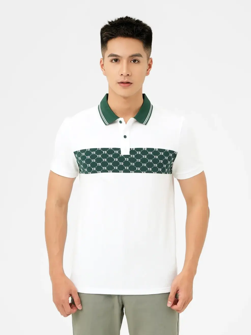 Polo Nam Cafe Hoạ Tiết Monogram - Xanh rêu - M