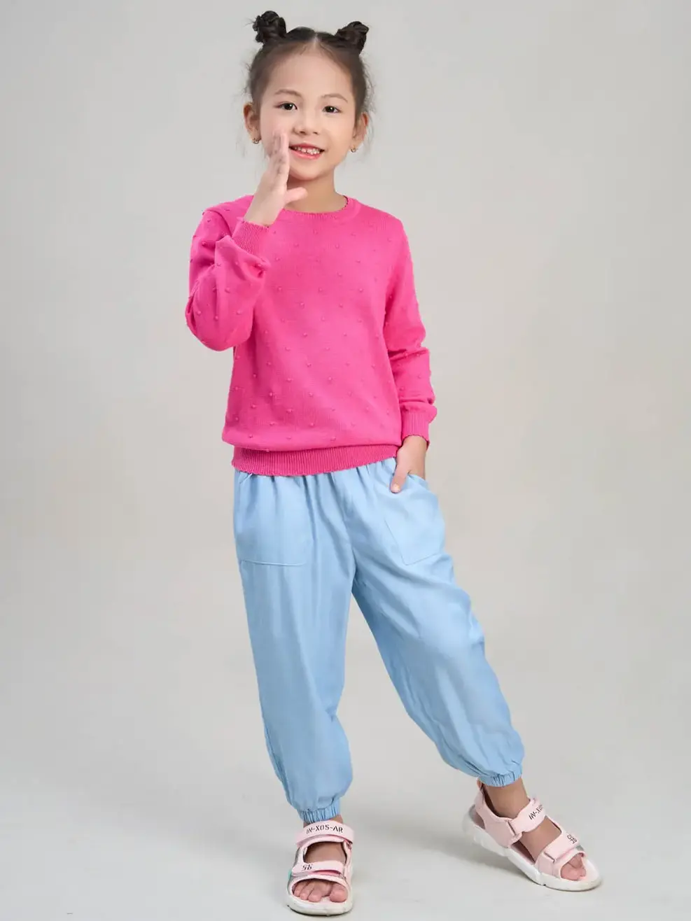 Áo len kid bé gái sợi móc - Hồng đậm - 4-5