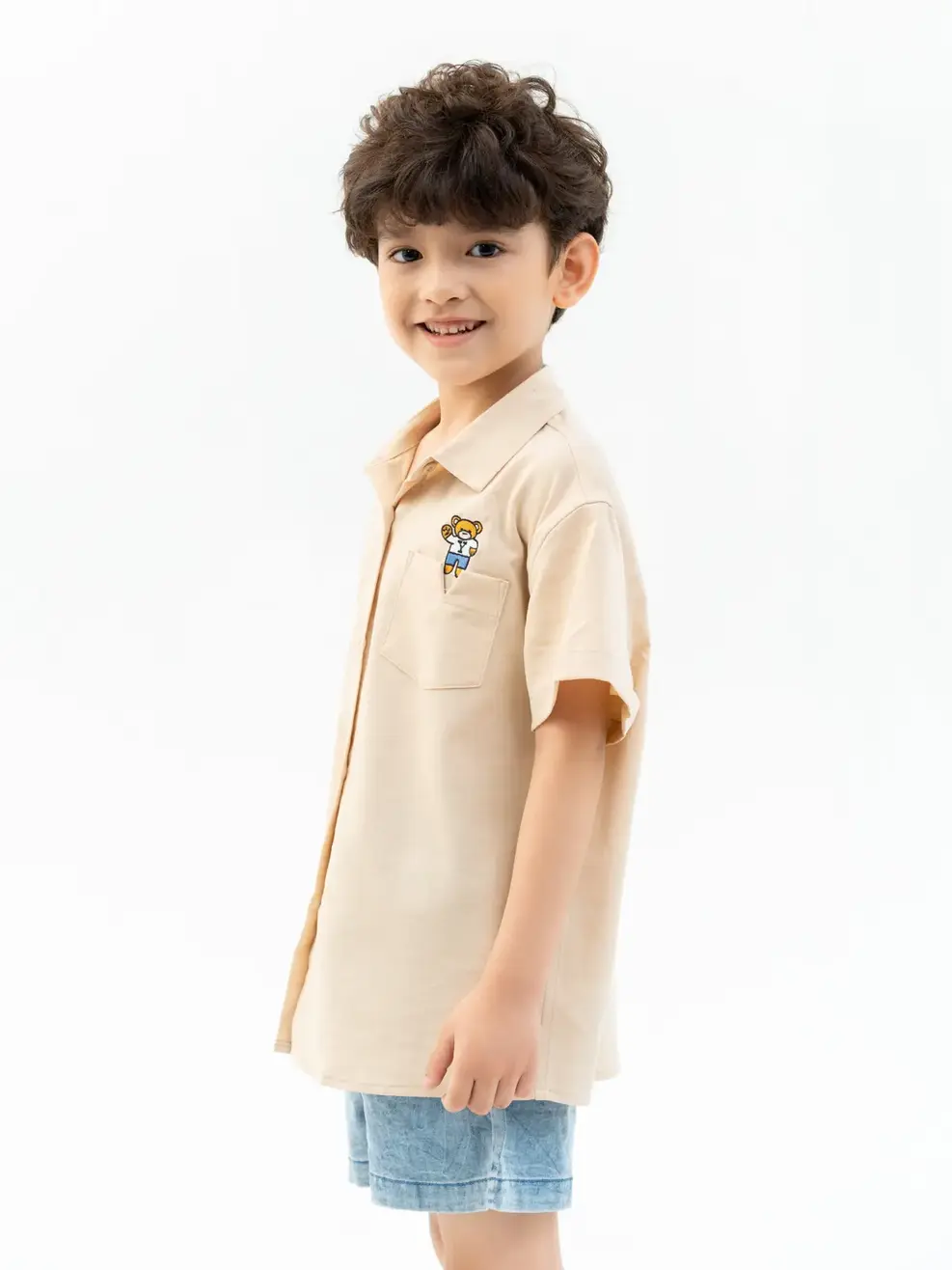 Sơ Mi Trẻ Em Cộc Tay Thêu Gấu - Be - 3