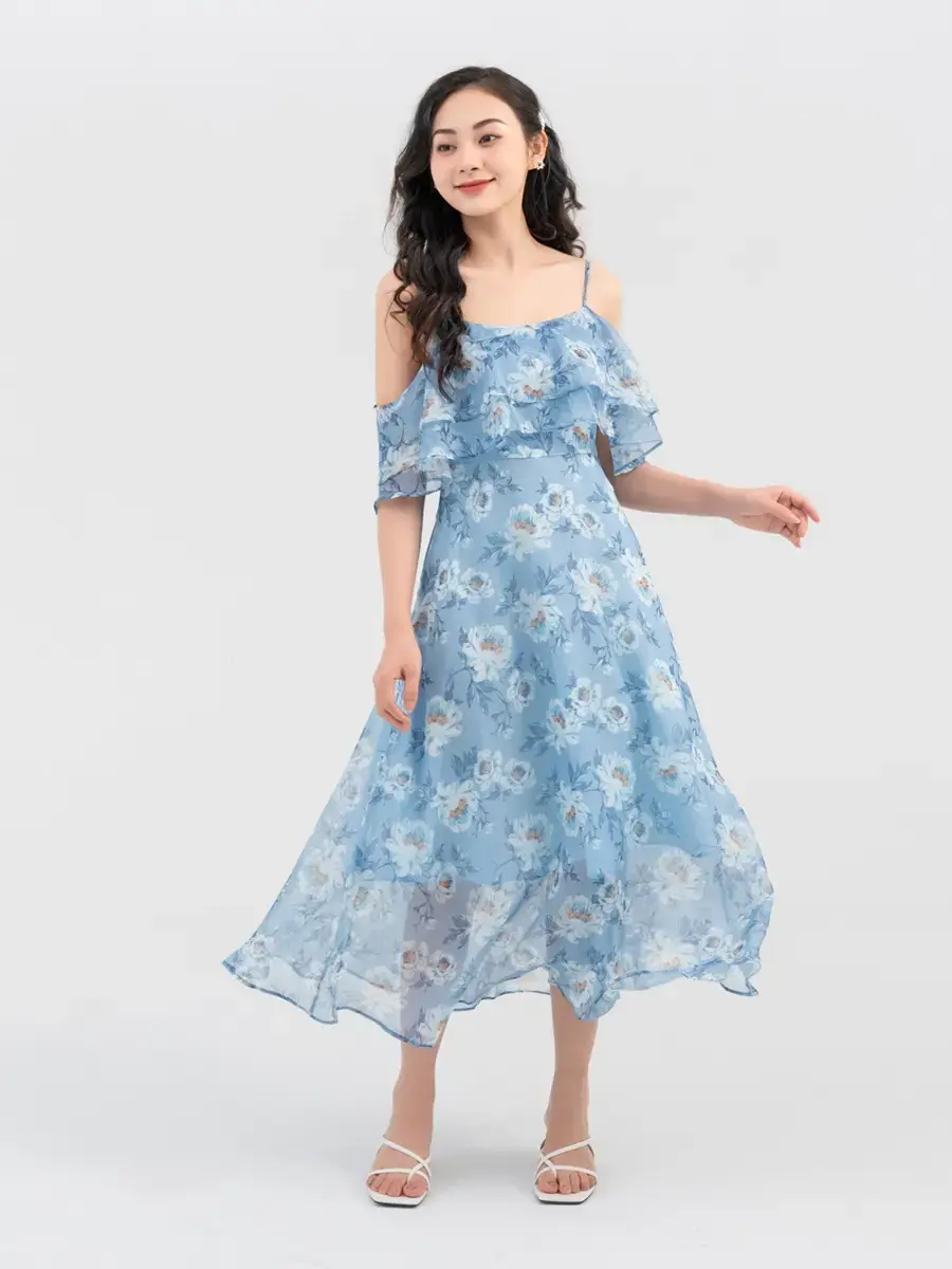 Váy Nữ Maxi 2 Dây Bèo Ngực - Xanh - S