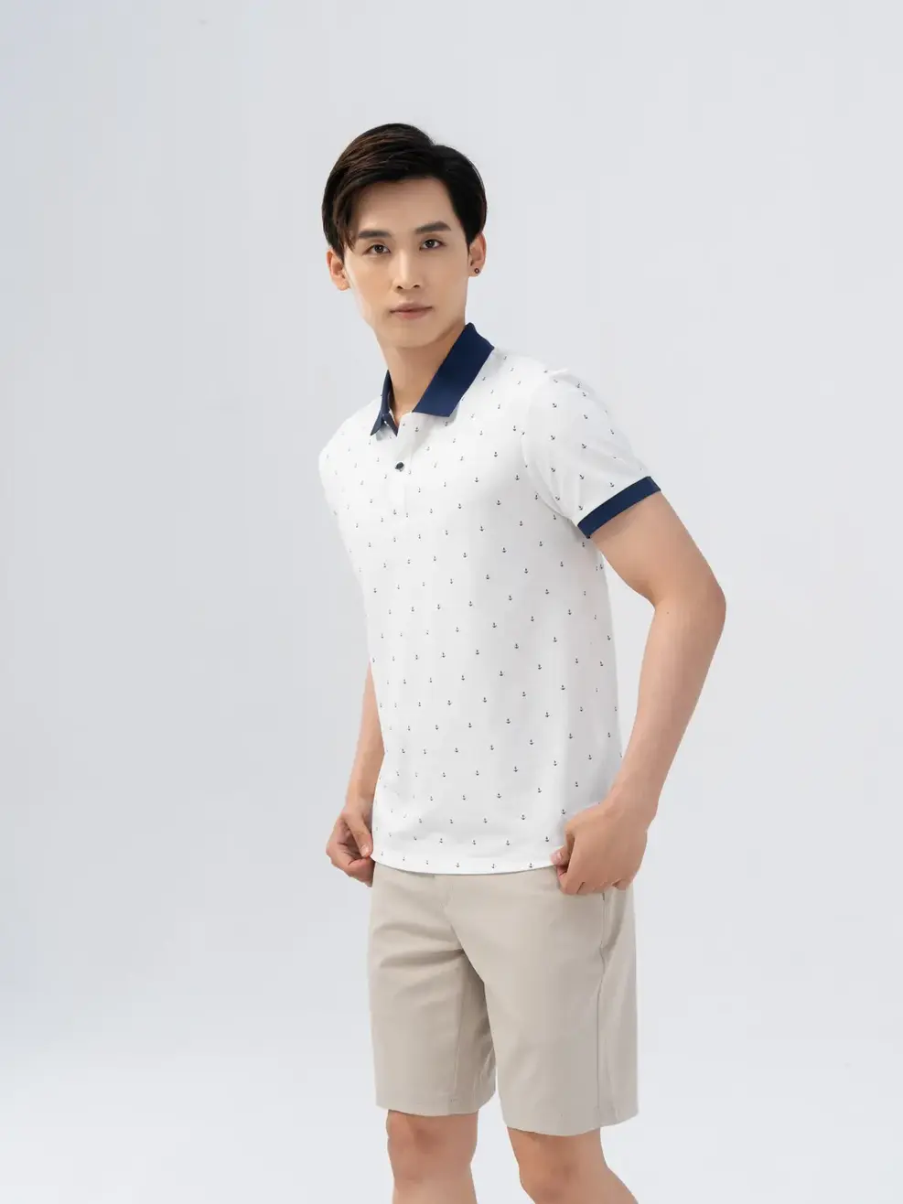 Áo polo nam hình in mỏ neo - Trắng Xanh - L