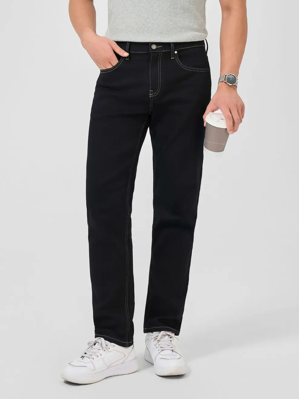 Quần Jeans Nam Slim Cafe Phối Chỉ Mác Da - Đen - 28